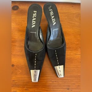 Prada. Black suede w silver metal front slides size 36 1/2